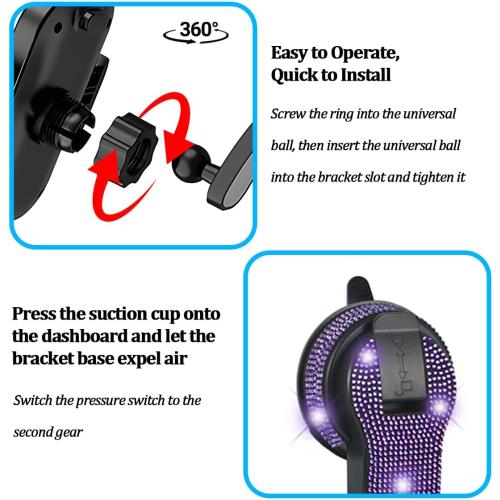 360 Degree Rhinestone Suction Mobile Phone Mount, Purple