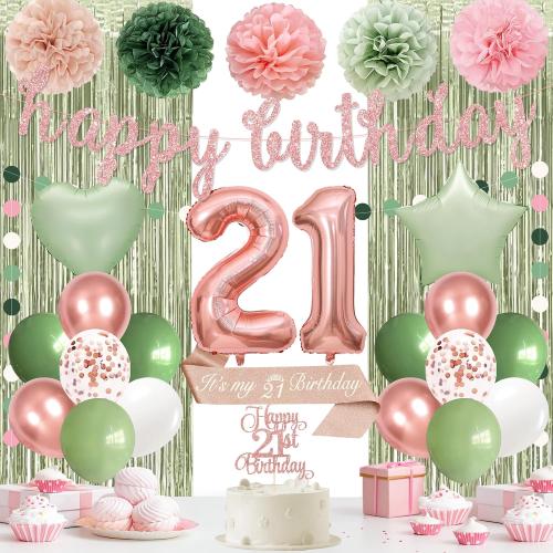 Holkcog 21st Birthday Decorations for Women, Green Pink 21st Bday Banner