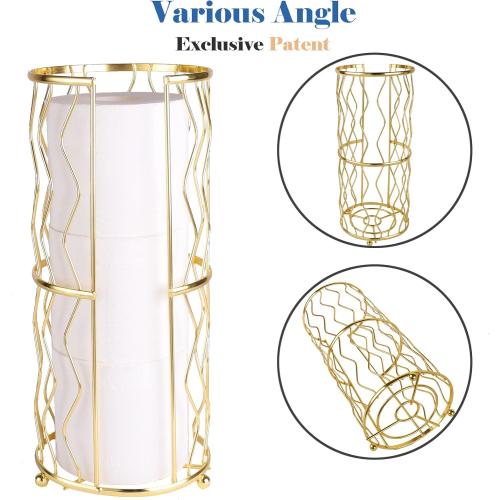 Decorative Metal Standing Toilet Tissue Holder for Bathroom/Powder Room, Compact Tissue Reserve for 3 Rolls of Toilet Paper Gold
