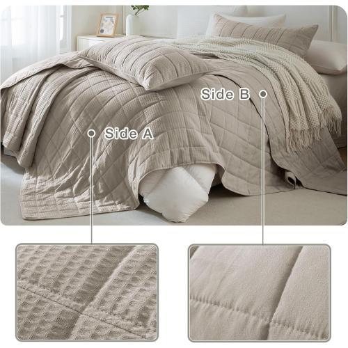 Masaca Oversized King Bedspread 118x106,Dark Khaki Waffle Weave California King Quilt Set Lightweight Extra Large Cal King Quilt Set Farmhouse Soft Luxury Coverlet 3 Pieces