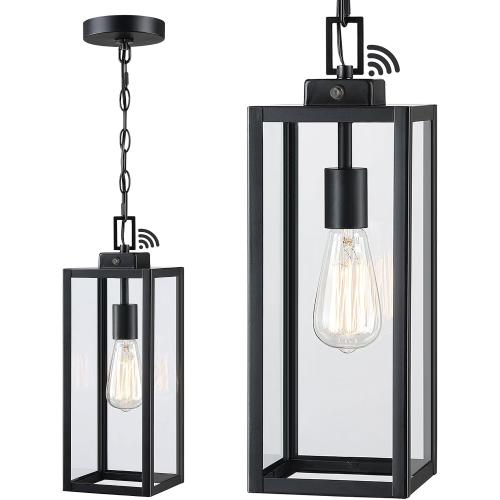 17 Inch Outdoor Pendant Light Dusk to Dawn, Sensor Hanging Light for Porch Entrance Lantern, Metal and Glass Photocell Exterior Hanging Lantern for Front Door Patio Pendant,E26