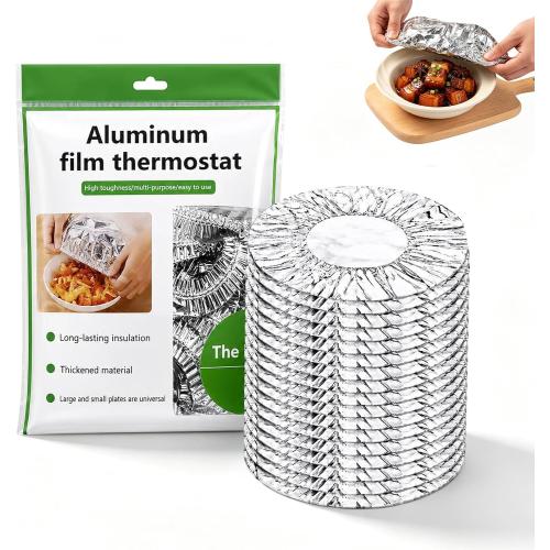 50 Reusable Aluminum Foil Food Covers, Home Dining Table & Food Container Aluminum Foil Heat-Retaining Cover, Universal Reusable Thermal Cover For Foods, Elastic Edges For Bowls & Plates（2box)