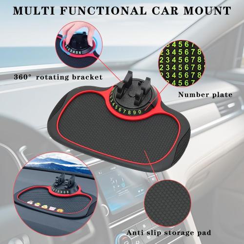 Multifunction Car Anti-Slip Mat,Car Anti Slip Mat Phone Holder For Dashboard,Multifunctional Car Dashboard Phone Holder,With Temporary Parking Numbe For Phone Sunglasses Keys (Square red and black)