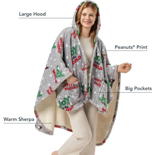 Berkshire Blanket Peanuts® Sherpa Wearable Blanket Hoodie, Cute Character Snoopy Plush Hooded Shawl Blanket