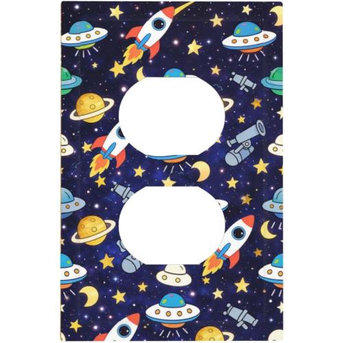 Decorative Outlet Covers Blue Space-themed Rocket Spaceship 1 Gang Duplex Light Switch Cover Plate Unique Wall Plates for Electrical Outlets Switch Plate Covers for Children's Room Decor