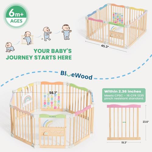 Foldable Wooden Baby Playpen, 45 x 45 x 24 inches, Pastel Dream, Colorful | Adjustable Wood Play Yard, Indoor Large Safety Fence for Babies and Toddlers, Built-in Toys Design