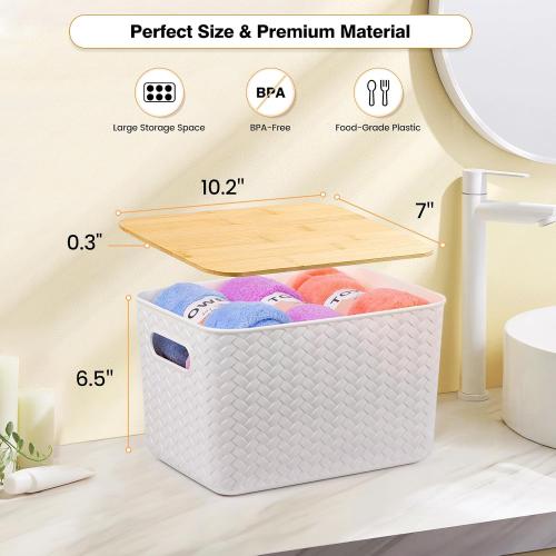 Ohmlove 4 Pack Storage Bins with Bamboo Lids,Stackable Box for Organization