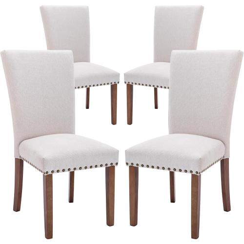 COLAMY Upholstered Parsons Dining Chairs Set of 2, Fabric Dining Room Kitchen Side Chair with Nailhead Trim and Wood Legs - Beige,No Table