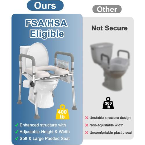 HOMLAND Raised Toilet Seat with Handles, Toilet Seat Riser for Seniors with Adjustable Height & Width, 400lb Handicap Elevated Toilet Seat for Elderly, Pregnant, Fit Any Toilet