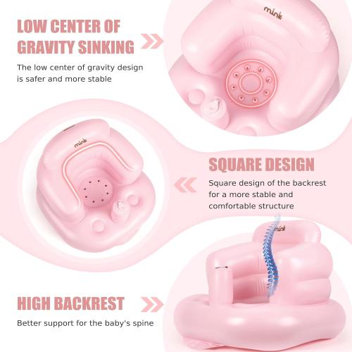 Mink Inflatable Baby Seat for Babies 3 Months & Up, Blow Up Floor Baby Chair with Back Support, Fence & Built-in Air Pump, Sit Me Up Inflatable Chair for Sit Training, Feeding, Travel (Pink)