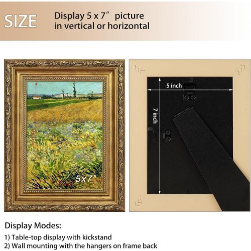 Antique Gold 5x7 Picture Frame, Ornate Embossing 5 x 7 Frame with Tempered Real Glass, Tabletop or Wall Mounting Display for Art Prints or Pictures, 2 Pack