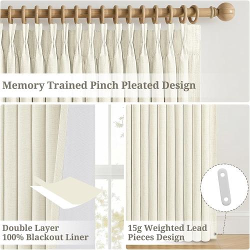 Blackout Cream Curtains 90 Inches Long 2 Panels Set for Living/Bedroom,50Wide Pinch Pleated Cooling Summer Heat 90 Inch Curtain Thick Linen Textured Neutral Boho Drapes with Hooks&Rings(50Wx90L)