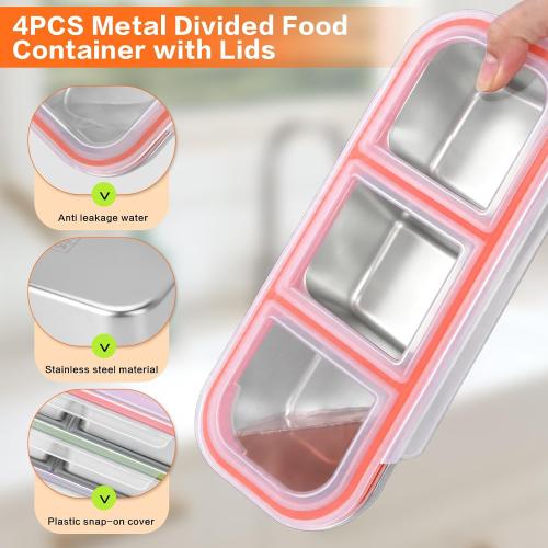 4 Pack Stainless Steel Snack Containers with Lids 3 Compartments