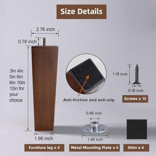 WEKIS Solid Wooden Furniture Legs 4 Inch, Natural Wood Mid Century Brown Square Legs Furniture Replacements Feet for Couch Legs, Sofa Legs, Cabinet Legs, Bench Legs, Bed Legs, Set of 4