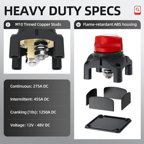 Battery Disconnect Switch with Aluminum Mounting Bracket, 12V-48V Waterproof Marine Battery Cut Off Switch, 275A Heavy Duty Kill Switch Power Master Switch Isolator for RV, Boat, Car, Trailer, Truck