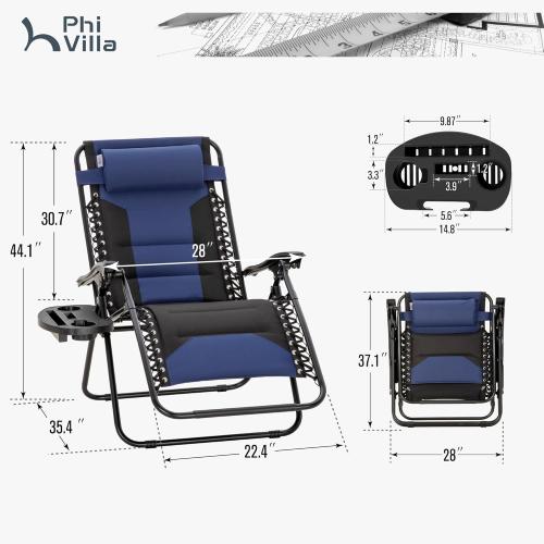 PHI VILLA Zero Gravity Chair Set of 2, Padded Anti Gravity Recliner, Oversized 28 Wide Seat, Foldable Patio Lounger with Armrest & Cup Holder, Supports 400 LBS (Blue Black)