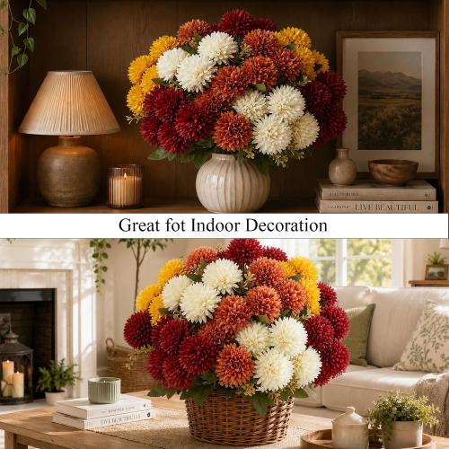 12Pcs Artificial Fall Mums for Outdoors, UV Resistant Fake Silk Mums
