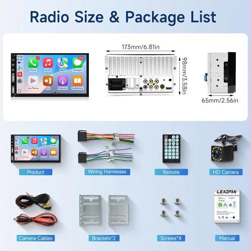 Leadfan Double Din Car Stereo Radio Support Apple Carplay&Android Auto, 7inch HD Touchscreen Double Din Radio with Bluetooth, Car Audio Receivers, Camera, MirrorLink, FM Radio, 2 USB/TF/AUX/Subwoofer