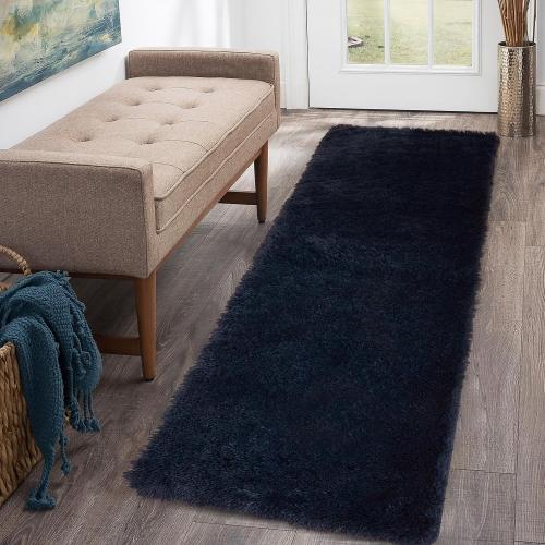 Runner Rug for Bedroom Living Room 2x6 Feet, Shag Fluffy Area Rugs Soft Plush Carpet Thick Long Fur Rug for Hallway Beside Kids Nursery Room Home Decor Mats, Dark Navy