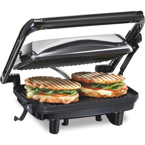Hamilton Beach Panini Press Sandwich Maker & Electric Indoor Grill with Locking Lid, Opens Wide to Fit Any Thickness for Quesadillas, Burgers & More, Nonstick 8 x 10 Grids, Chrome (25460MNA)