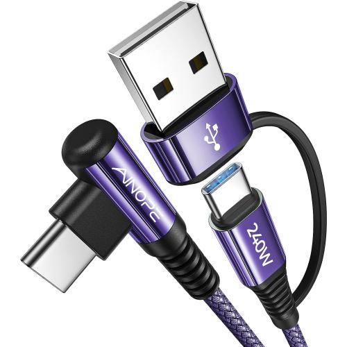 AINOPE 240W Long USB C Cable Multi 4 in 1 Charging Cable Fast Charging C Type Charger Fast Charge USB to USB C,Right Angle Fit iPhone 16 15 Pro Max iPad Samsung 10FT Purple