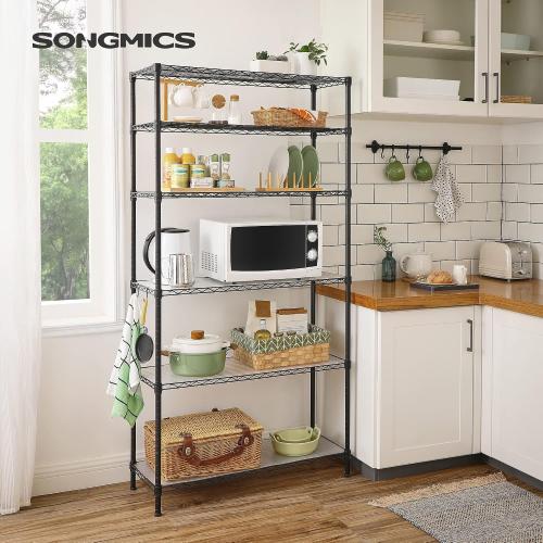 SONGMICS 6-Tier Storage Shelves, Adjustable Wire Shelving Unit, 8 Hooks
