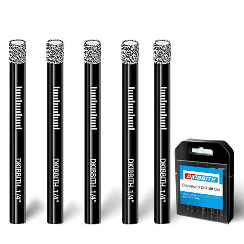 DKIBBITH 5 Packs 1/4 Diamond Drill Bits for Tile, Porcelain, Ceramic, Granite, Marble, Stone, Glass, Dry Drilling Tile Drill Btis with Storage Case and 1/4 Round Shank.