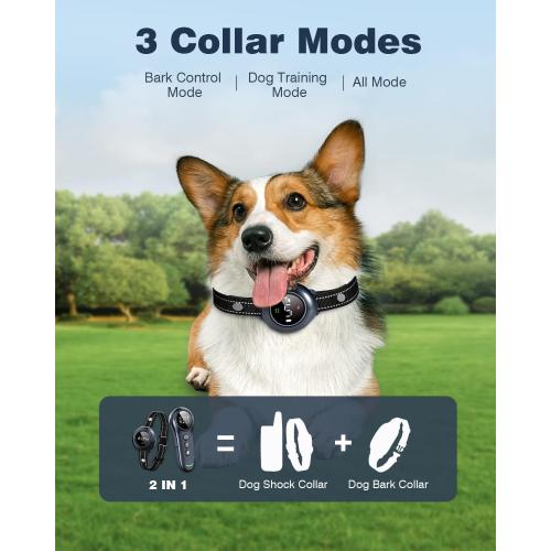 2-in-1 Dog Shock Collar & Dog Bark Collar - Smart Anti Barking Dog Training Collar with 5 Adjustable Sensitivity & 3300FT Remote for All Breeds IP67 Waterproof E-Collar