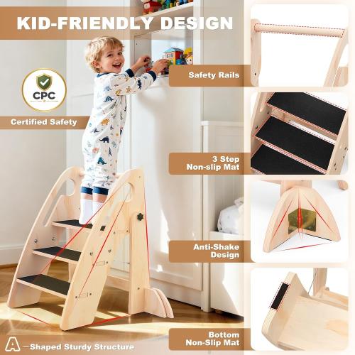 Toddler Step Stool, Wooden Foldable 3-Step Stool for Kids, Potty Training Stool with Handles and Non-Slip Strips for Bathroom Sink, Kitchen, Bedroom