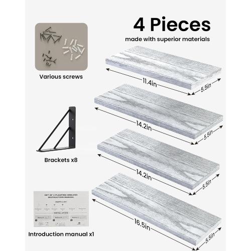 BAYKA Wall Mounted Floating Shelves (Gray and White, Set of 4, 16 Mixed)