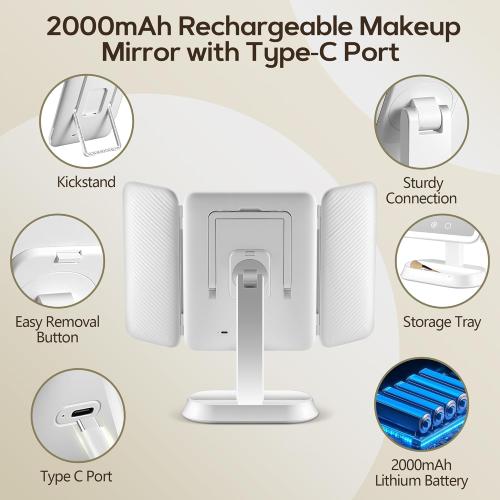 GOMIPURU Makeup Mirror with Lights and 30X/10X/5X Magnification, Vanity Mirror with 3 Color Lights, Rechargeable, Detachable, Lighted Makeup Mirror with Magnification, Trifold Mirror, Gifts, White