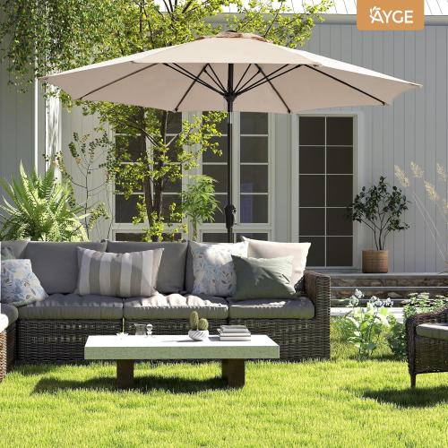 Ayge 9 FT Patio Umbrella Outdoor Table Umbrella Fiberglass Frame Beige | 9 FT fiberglass frame, crank & tilt, 8 ribs, 180G UV50  canopy. Wind fade resistant. Suitable for patio, deck, pool, garden.