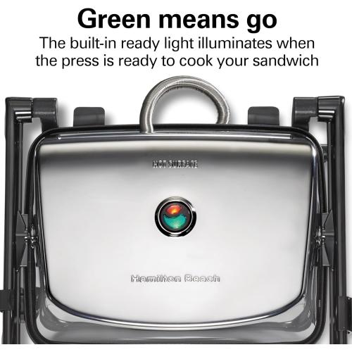 Hamilton Beach Panini Press Sandwich Maker & Electric Indoor Grill with Locking Lid, Opens Wide to Fit Any Thickness for Quesadillas, Burgers & More, Nonstick 8 x 10 Grids, Chrome (25460MNA)