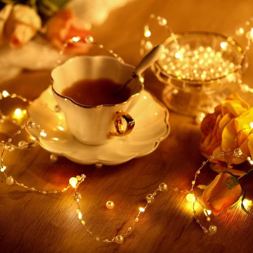 Ocean Pearl Beads String Lights, 10 ft 40 LED Lights Battery Powered with 8 Flicker Modes, Remote and Timer for Wedding, Bridal Shower, Birthday Parties, New Year, DIY Home Table Party Decoration