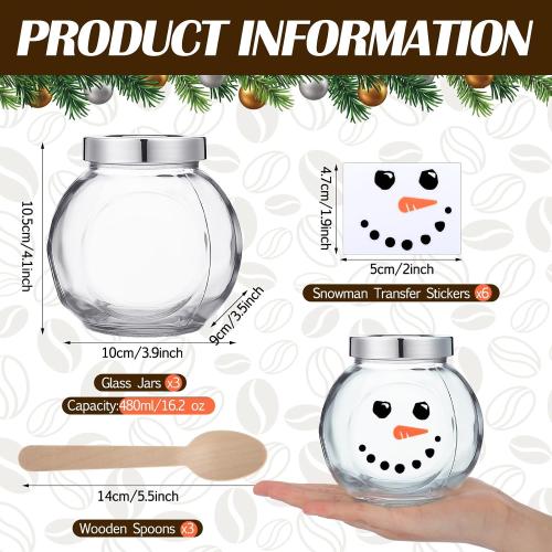Bokon 3 Sets 16.2 oz Christmas Glass Jars with Lids Hot Chocolate Hot Cocoa Bar Supplies Snowman DIY Candy Jars Wooden Spoons for Marshmallow Cocoa Bombs Coffee Beans Christmas Party Favors