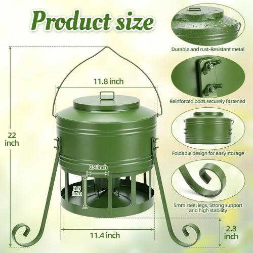 Chicken Feeder No Waste for Coop & Outdoors, 12 Port 20lbs Heavy Duty Metal Chicken Feeder, Poultry Feeder for Backyard Chickens, Smooth Edges for Safe Feeding (Green)