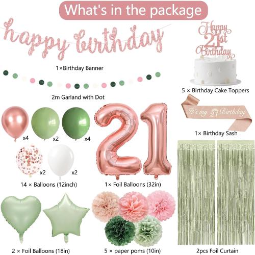 Holkcog 21st Birthday Decorations for Women, Green Pink 21st Bday Banner