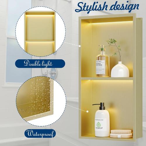 Neohomee 2-Tiers 12x24 Shower Niche with LED Light Strips, Golden Recessed Wall Cabinet, Stainless Steel Wall Niche for Shower Wall, Waterproof NO Tile Needed Storage Organizer (3000K LED Light)
