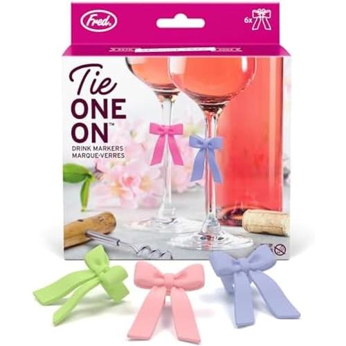 Genuine Fred TIE ONE ON Bow Drink Markers, Set of 6 Silicone Drink IDs, Easy to Clean, Reusable, Fits Most Stemware, Perfect for Parties, Bachelortte, and Gifts 2pks