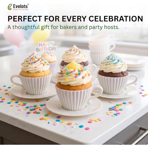 Evelots 12-Piece Silicone Teacup Cupcake Molds, 6 Cups & Saucers, BPA-Free