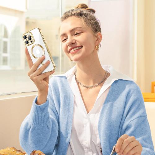 Hython Magnetic Clear for iPhone 16 Pro Case with Camera Lens Protector [Compatible with MagSafe] Luxury Plating Edge Slim Soft TPU Cover Protective Phone Case for iPhone 16 Pro 6.3, Gold