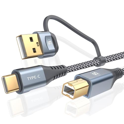 Printer Cable 2-in-1 USB-A/C to USB-B Cable High Speed Braided 6.6ft Grey