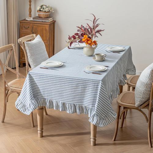 Striped Cotton Blend Tablecloth Ruffled Table Cloth Blue, 52×70