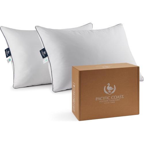 Pacific Coast Goose Feather and Down Bed Pillows Standard Size Set of 2, Hotel Pillow for Sleeping, Downproof, Medium-Firm, Fluffy, 100% Cotton Shell