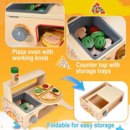 Wooden Pizza Toy, Wooden Pizza Counter Playset with Bake Oven, Montessori Pretend Play Toys, Play Food and Accessories, Cooking Pretend Play Toys for Boys Girls Age 3