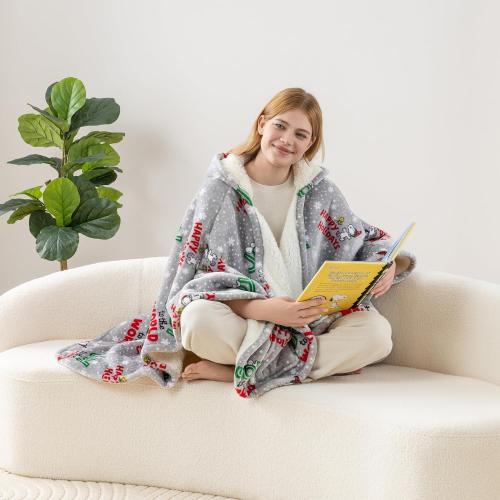 Berkshire Blanket Peanuts® Sherpa Wearable Blanket Hoodie, Cute Character Snoopy Plush Hooded Shawl Blanket