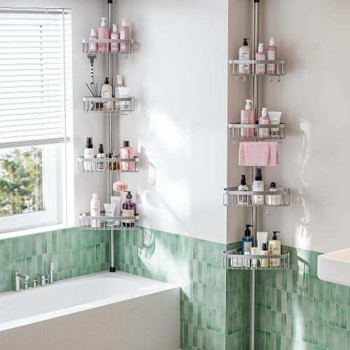ESSEME Corner Shower Caddy Tension Pole: Adjustable Rustproof 4-Tier Inside Bathroom Organizer - 47-121 inch Quick Installation Bathtub Shelves for Shampoo Storage - Rod Floor Standing Bath Rack