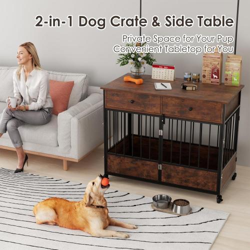 44.5 Dog Crate Furniture, Wooden Dog Kennel with Storage Drawers, Large Dog Cage with Wheels, Heavy Duty Wooden Dog Crate End Table with Steel Tubes for Big Breed