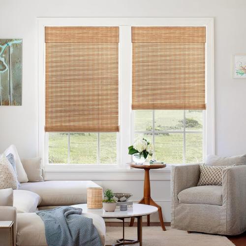 LazBlinds No Tools No Drill Cordless Bamboo Roman Shades, Light Filtering Window Treatment, Roll Up Bamboo Blinds for Windows 33'' W x 64'' H, Ceylon Light Russet