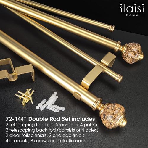 Double Curtain Rod Set:1-1/8 Inch Diameter Luxury Gold Curtain Rods, 72-144 Inches Adjustable Drapery Rod with Clear Gold Foiled Finials for 1 Pack
